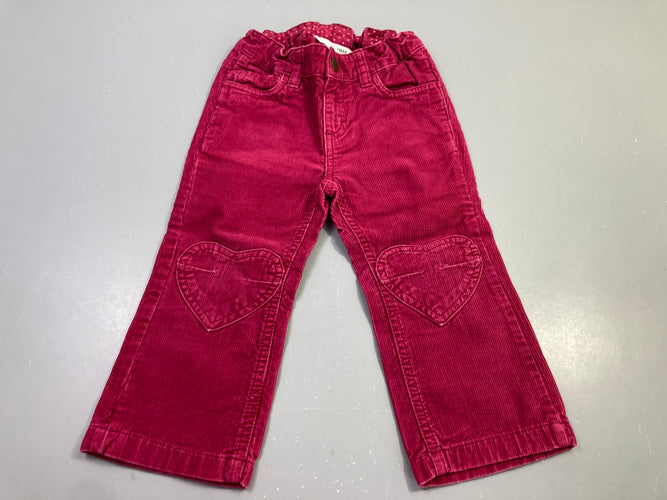 Pantalon Wide leg velours côtelé rose foncé genou coeur, moins cher chez Petit Kiwi
