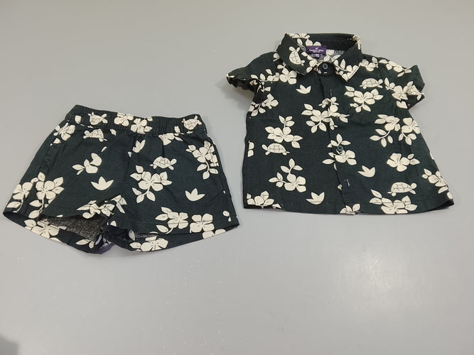 Ensemble, Chemise m.c + Short noir  motifs tortues et fleurs blancs, moins cher chez Petit Kiwi