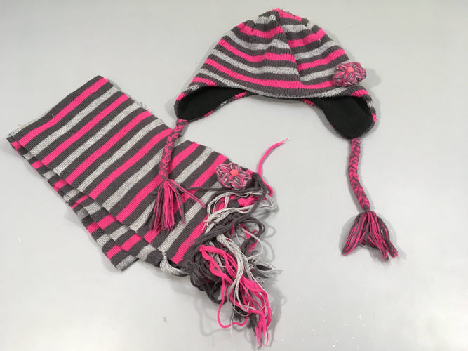 Bonnet + écharpe assortie rayé rose,gris , un peu bouloché, moins cher chez Petit Kiwi