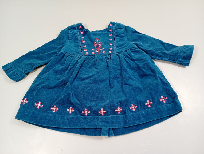 Robe m.l velours côtelé  bleu canard , fleurs brodées, moins cher chez Petit Kiwi