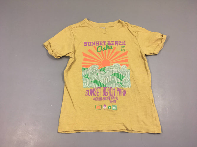 T-shirt m.c jaune moutarde sunset beach, flocage craquelé, moins cher chez Petit Kiwi