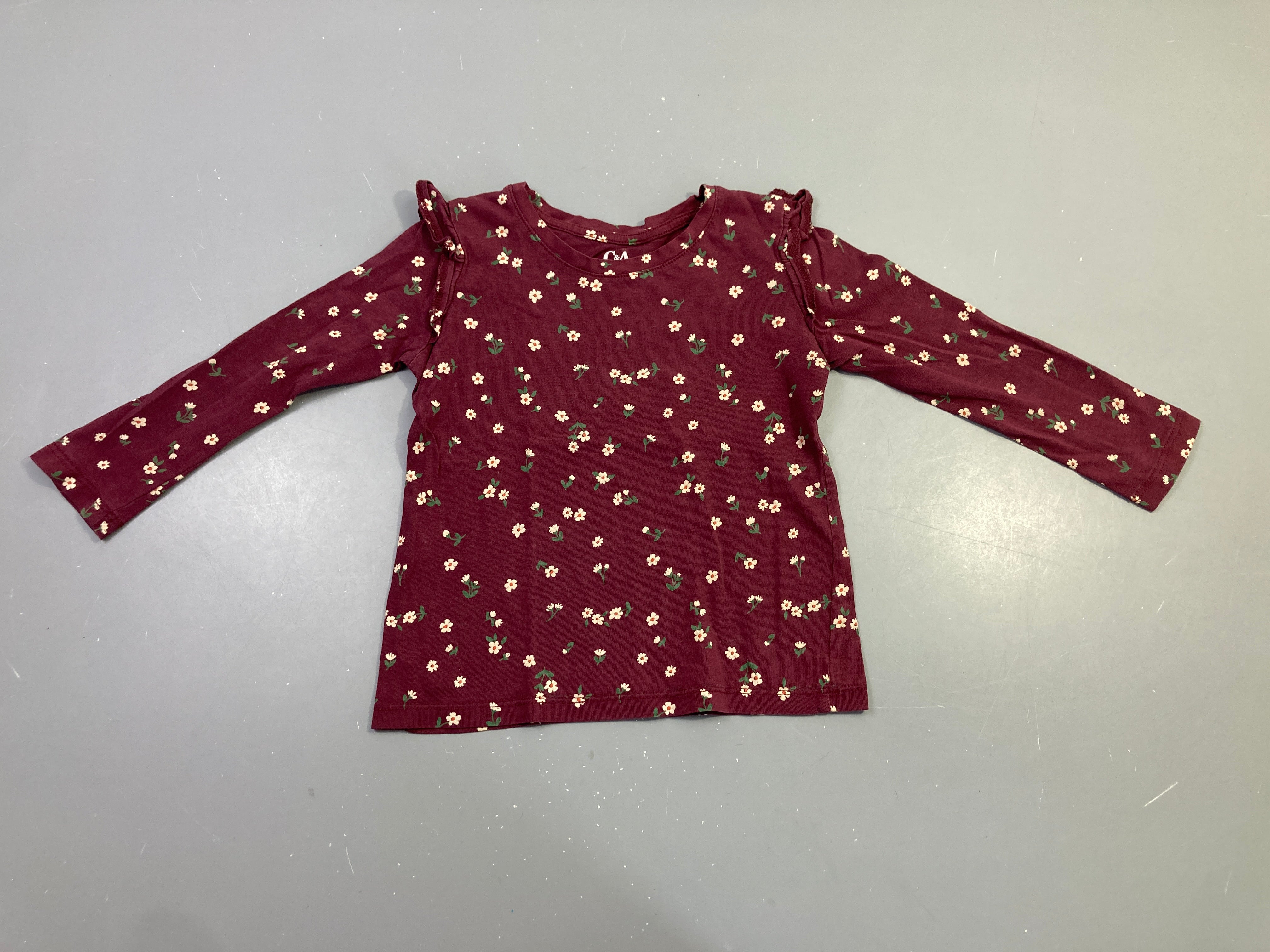 T-shirt m.l bordeaux imprimé fleurs volants