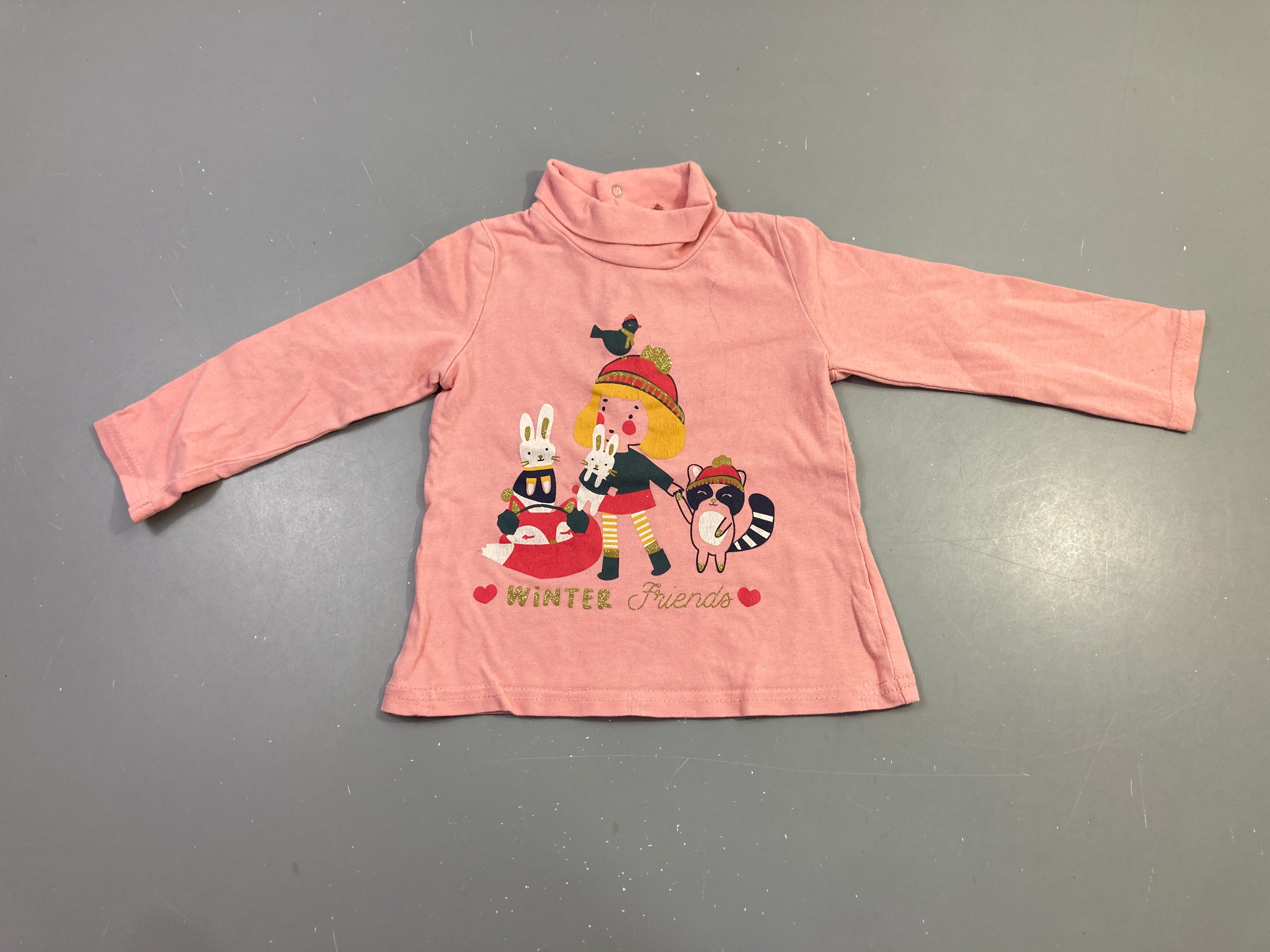 T-shirt m.l rose col roulé imprimé Winter Friends