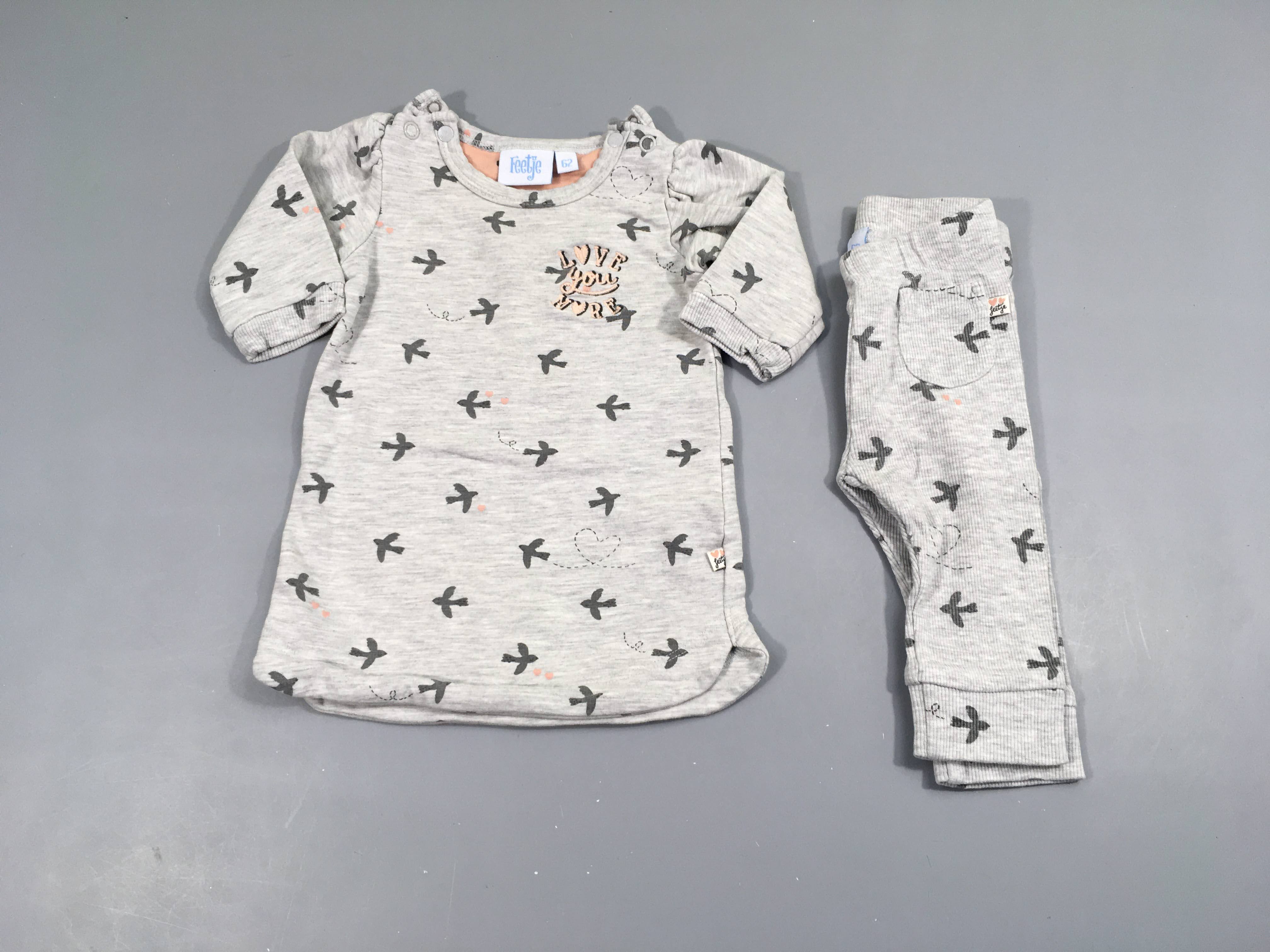 Robe m.l molleton gris chiné oiseaux + Legging mailles, Feetje