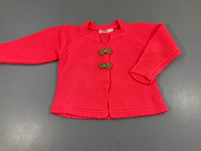 Gilet mailles rose vif noeud doré, moins cher chez Petit Kiwi