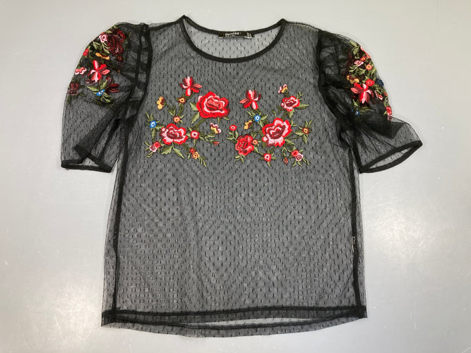 Blouse m.c résille noir ajourée fleurs, moins cher chez Petit Kiwi