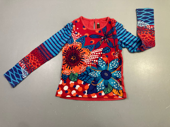 T-shirt m.l rouge fleurs manches rayées bleues, moins cher chez Petit Kiwi