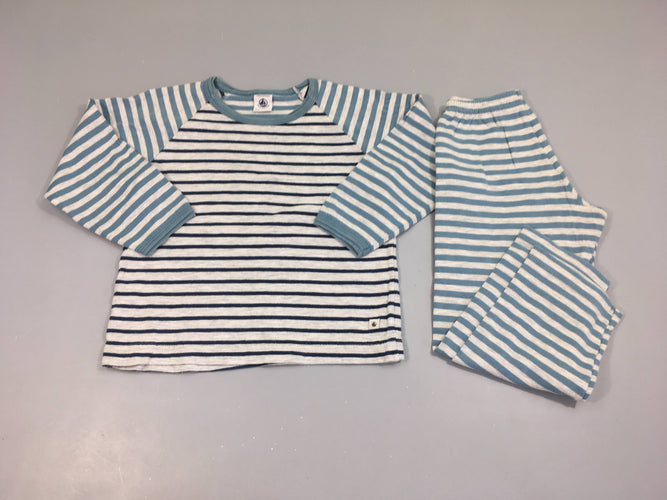 Pyjama 2pcs jersey gris rayé bleu, légèrement bouloché, moins cher chez Petit Kiwi