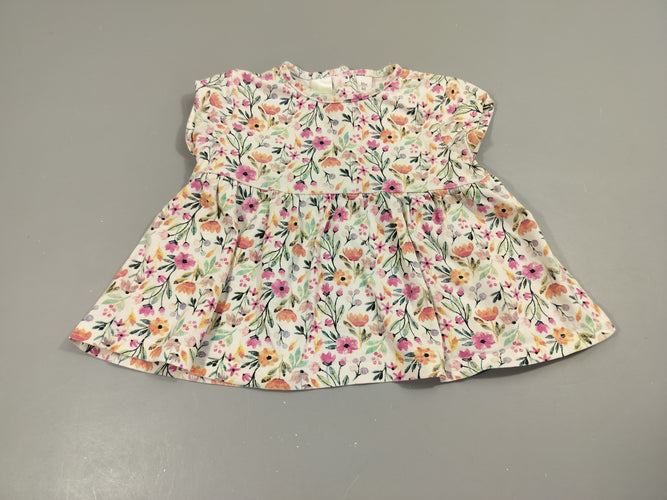 Blouse m.c blanche à fleurs roses, mauves, oranges, moins cher chez Petit Kiwi