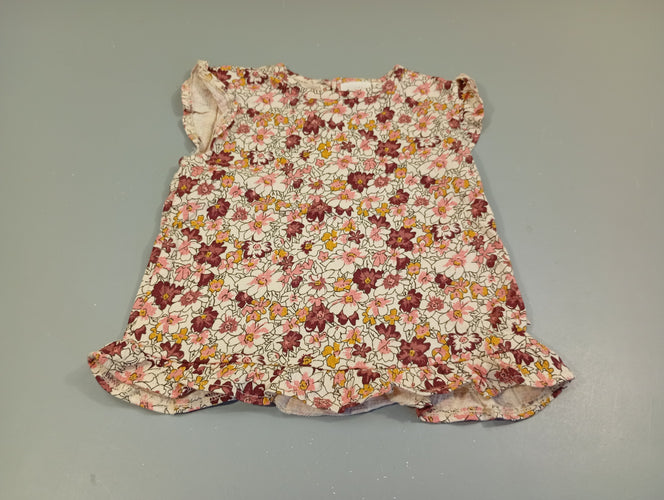 Blouse  m.c volants écru à fleurs rose, bordeaux,..., moins cher chez Petit Kiwi