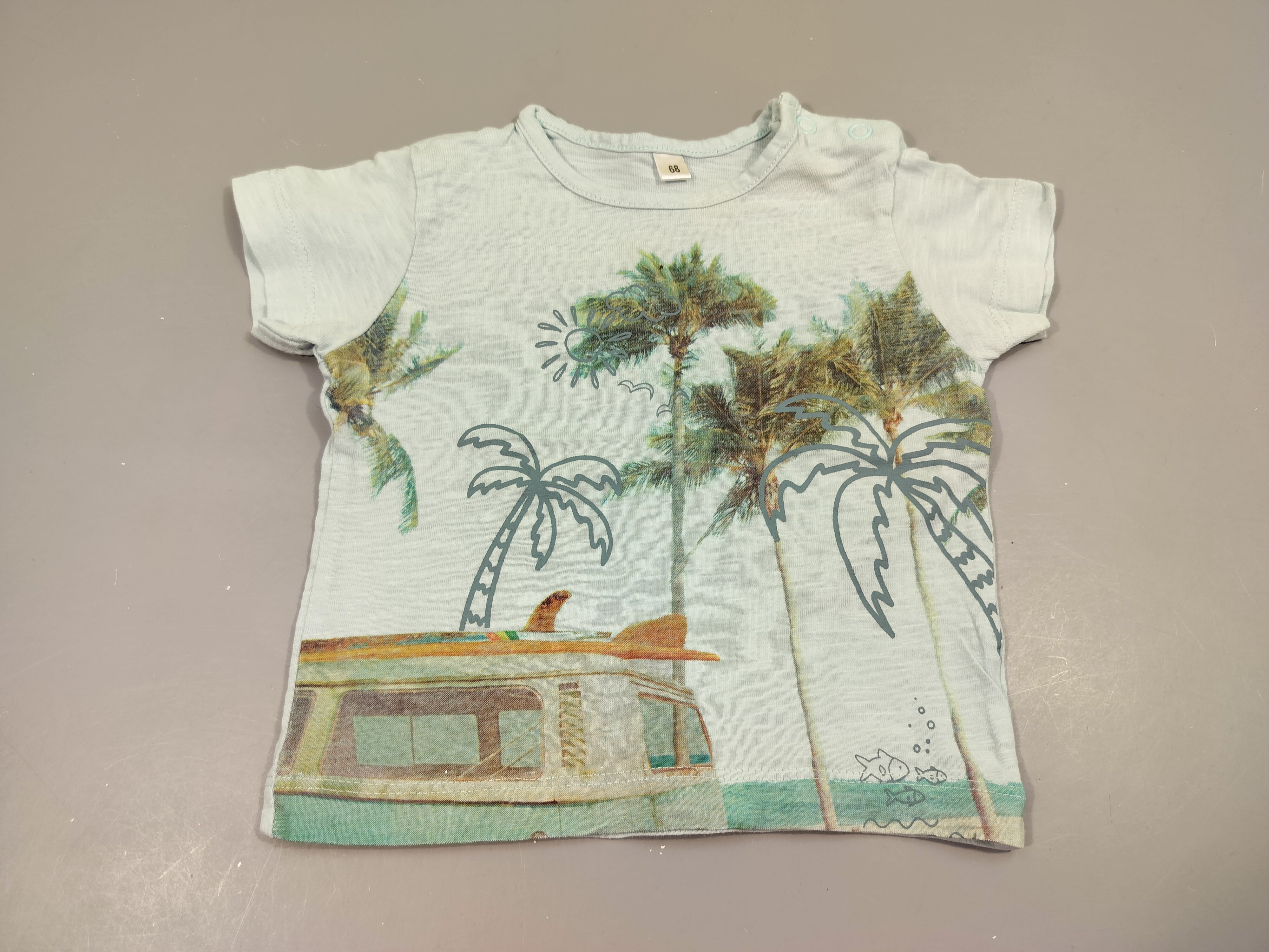 T-shirt m.c jersey  bleu clair flammé paysage palmiers, van,... 100% coton