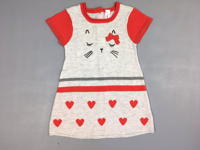 NEUF Robe pull m.c gris clair/rouge chat, moins cher chez Petit Kiwi