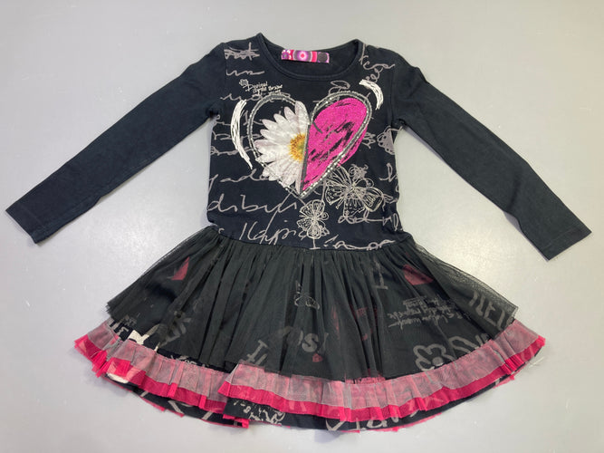 Robe m.l jersey noire cœur fleuri tulle rose, moins cher chez Petit Kiwi