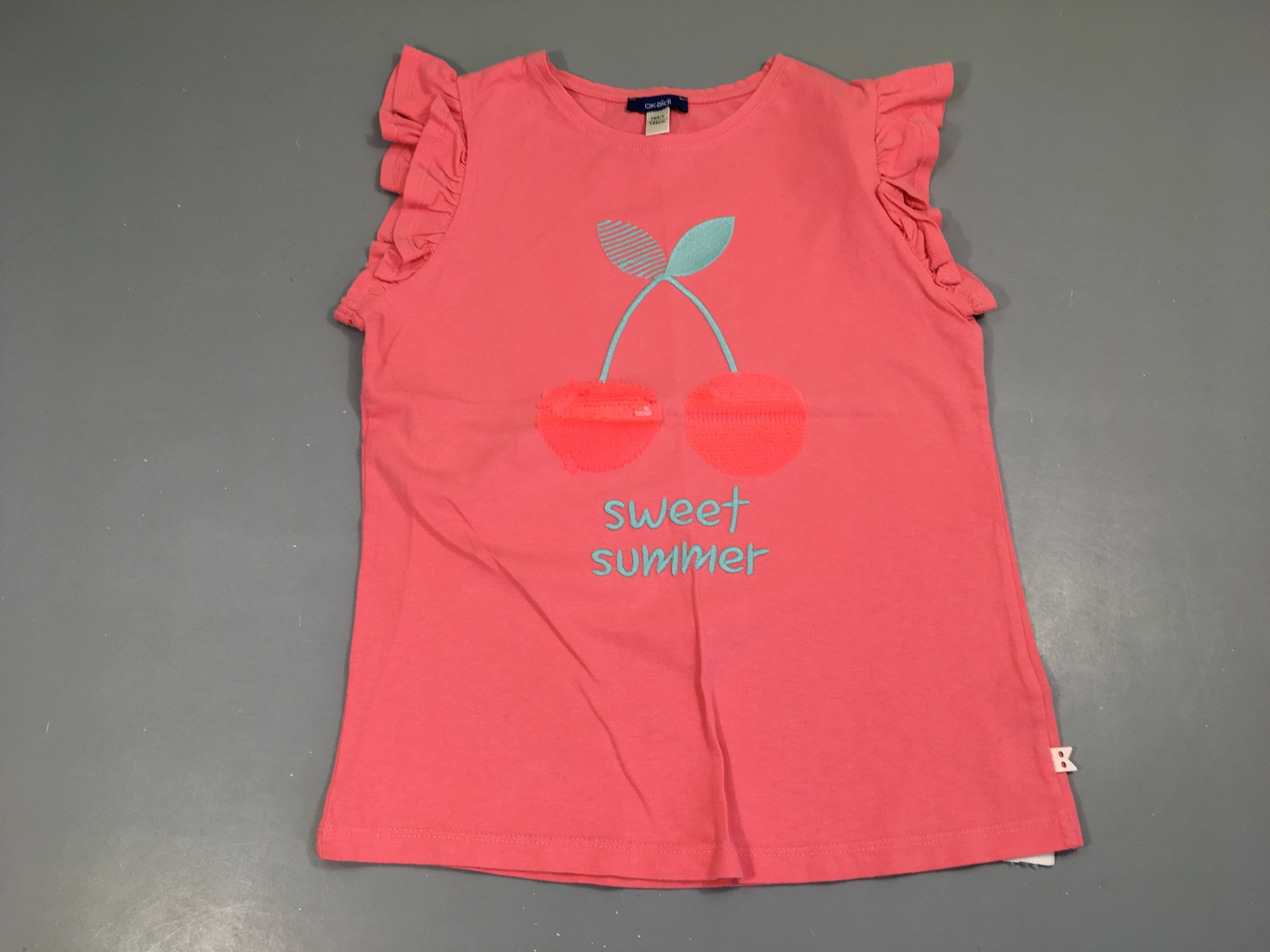 T-shirt m.c rose  cerises sequins froufrou manches
