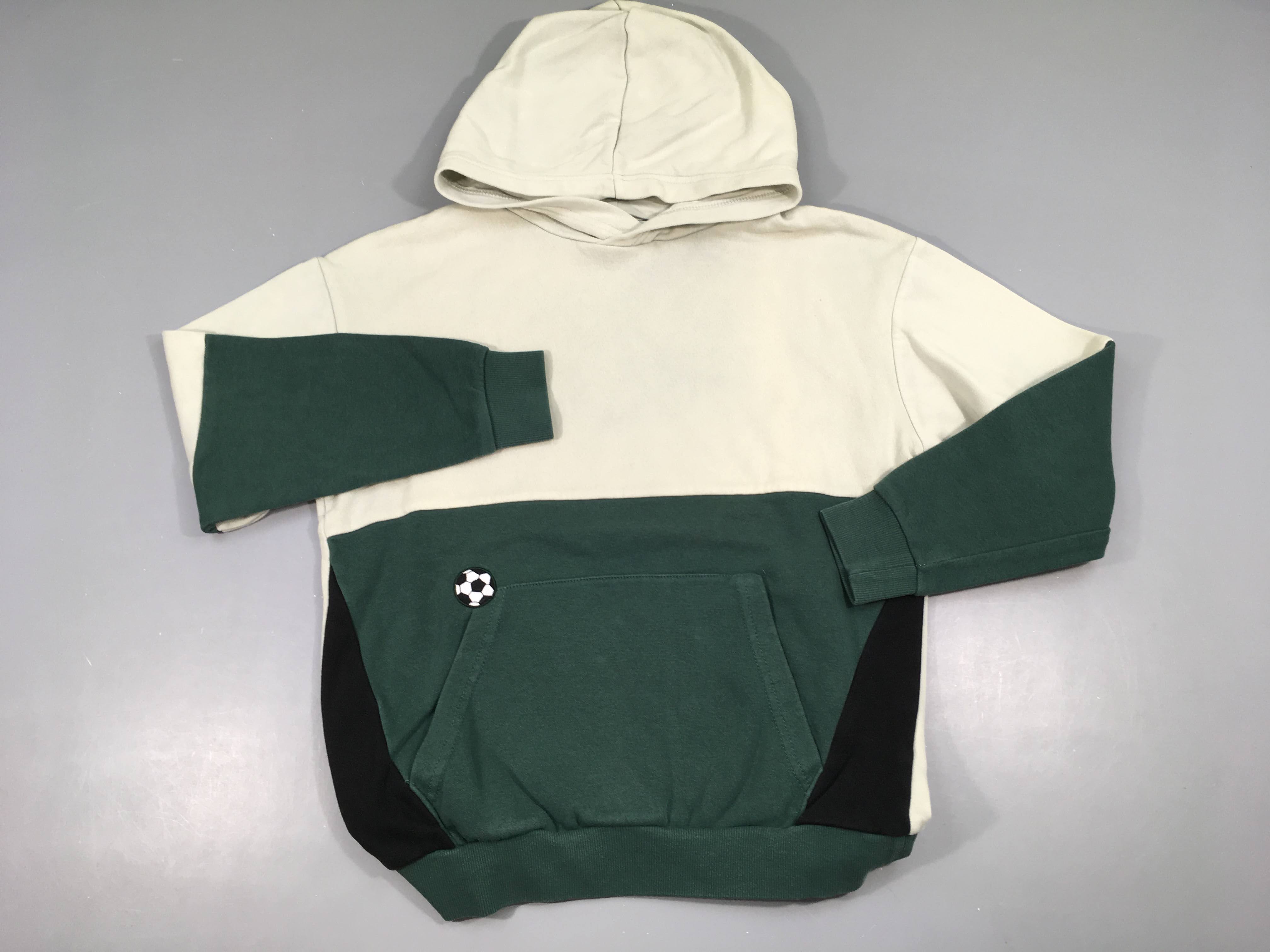 Sweat beige/vert/noir à capuche ballon foot