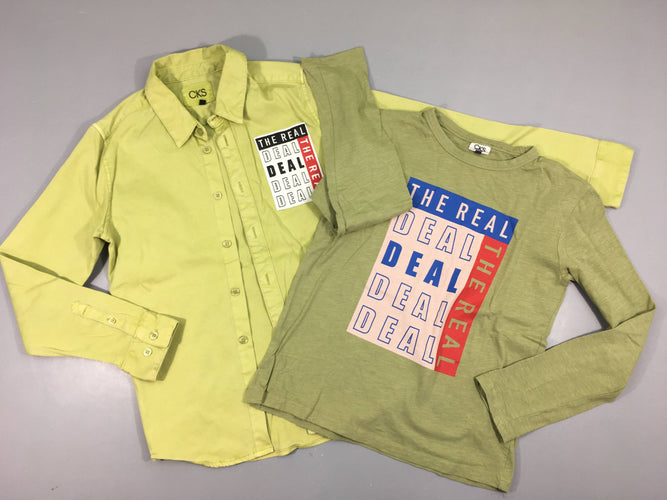 Chemise m.l toile vert anis + T-shirt m.l vert flammé the real, moins cher chez Petit Kiwi