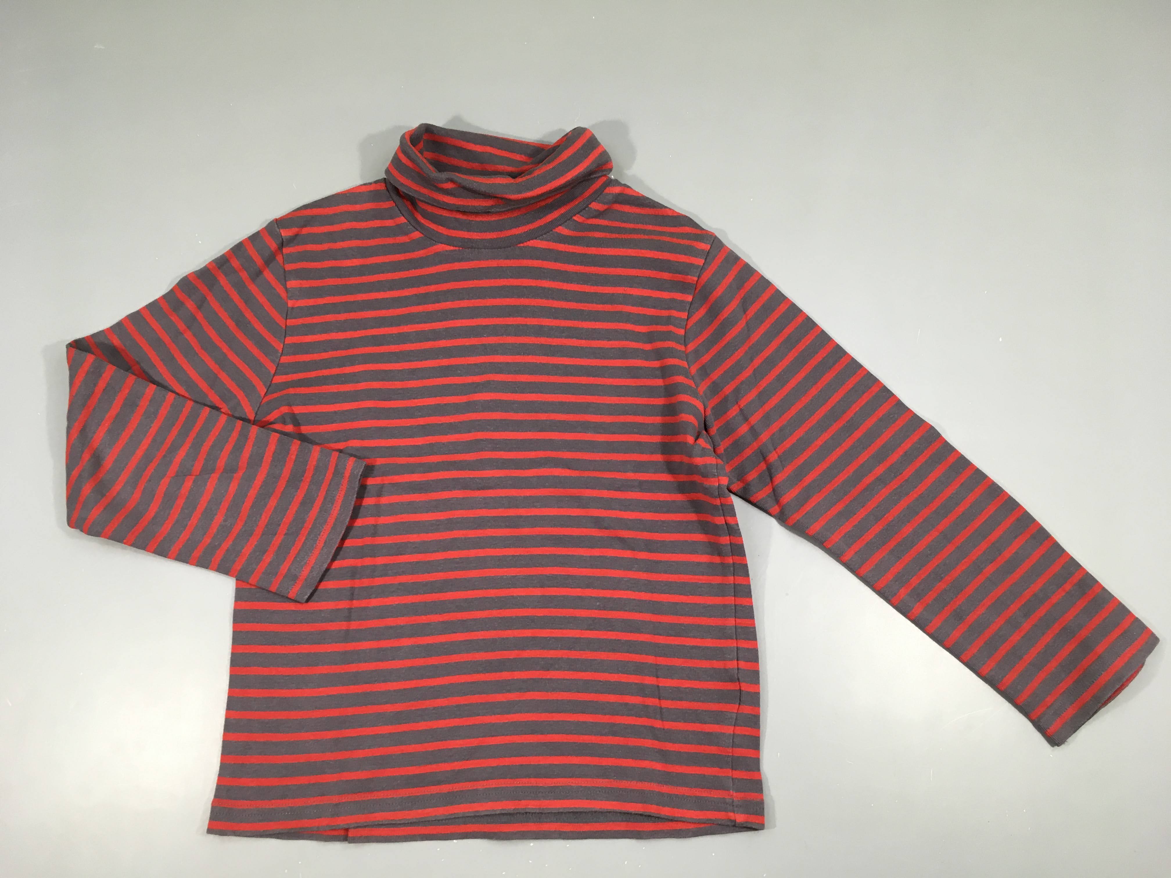 T-shirt m.l col roulé rouge rayé gris, légèrement bouloché