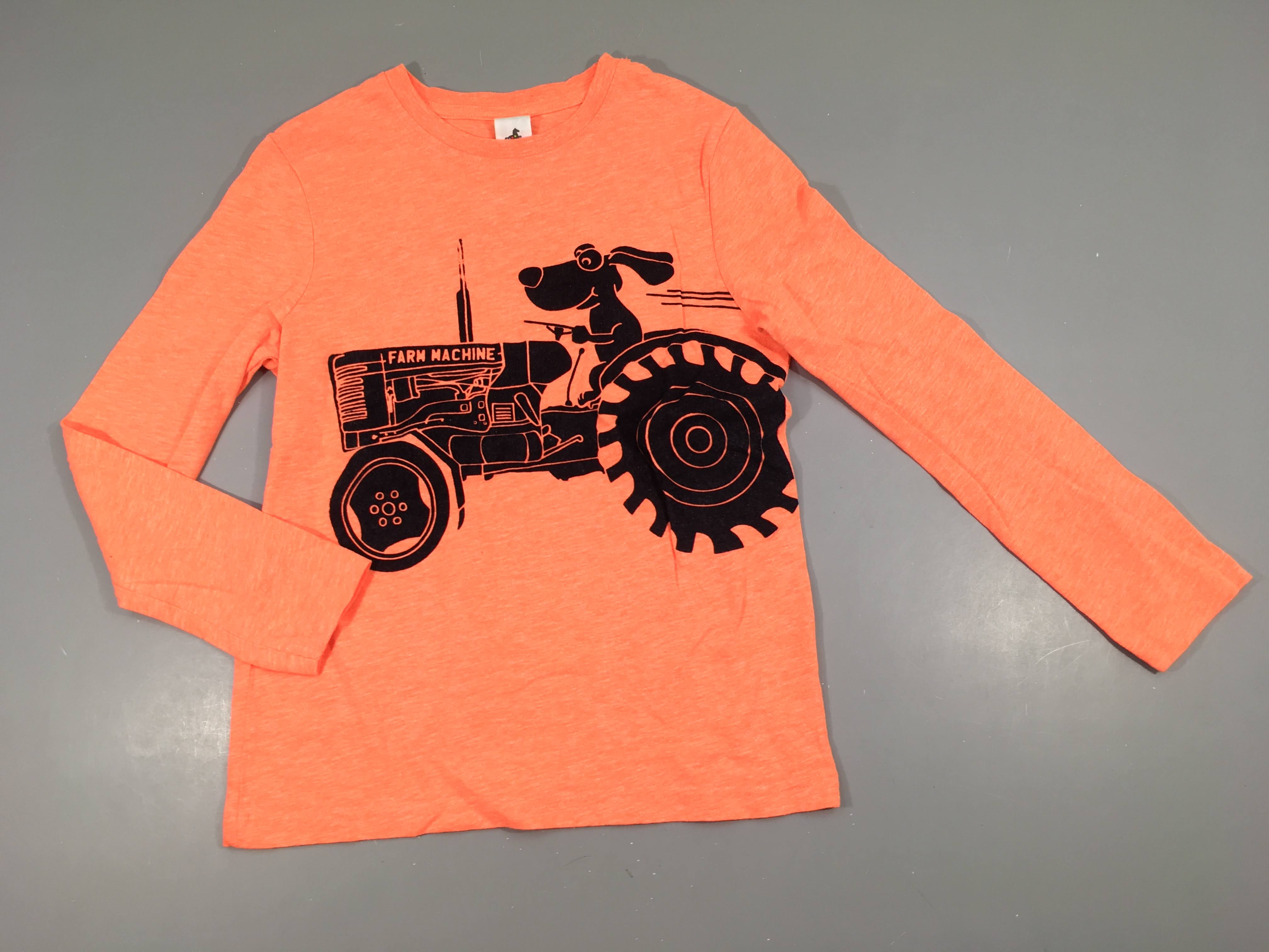 T-shirt m.l flammé orange tracteur chien, légèrement bouloché