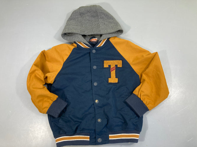 Veste blouson bleu foncé/camel T relief à capuche, bords boulochés, moins cher chez Petit Kiwi