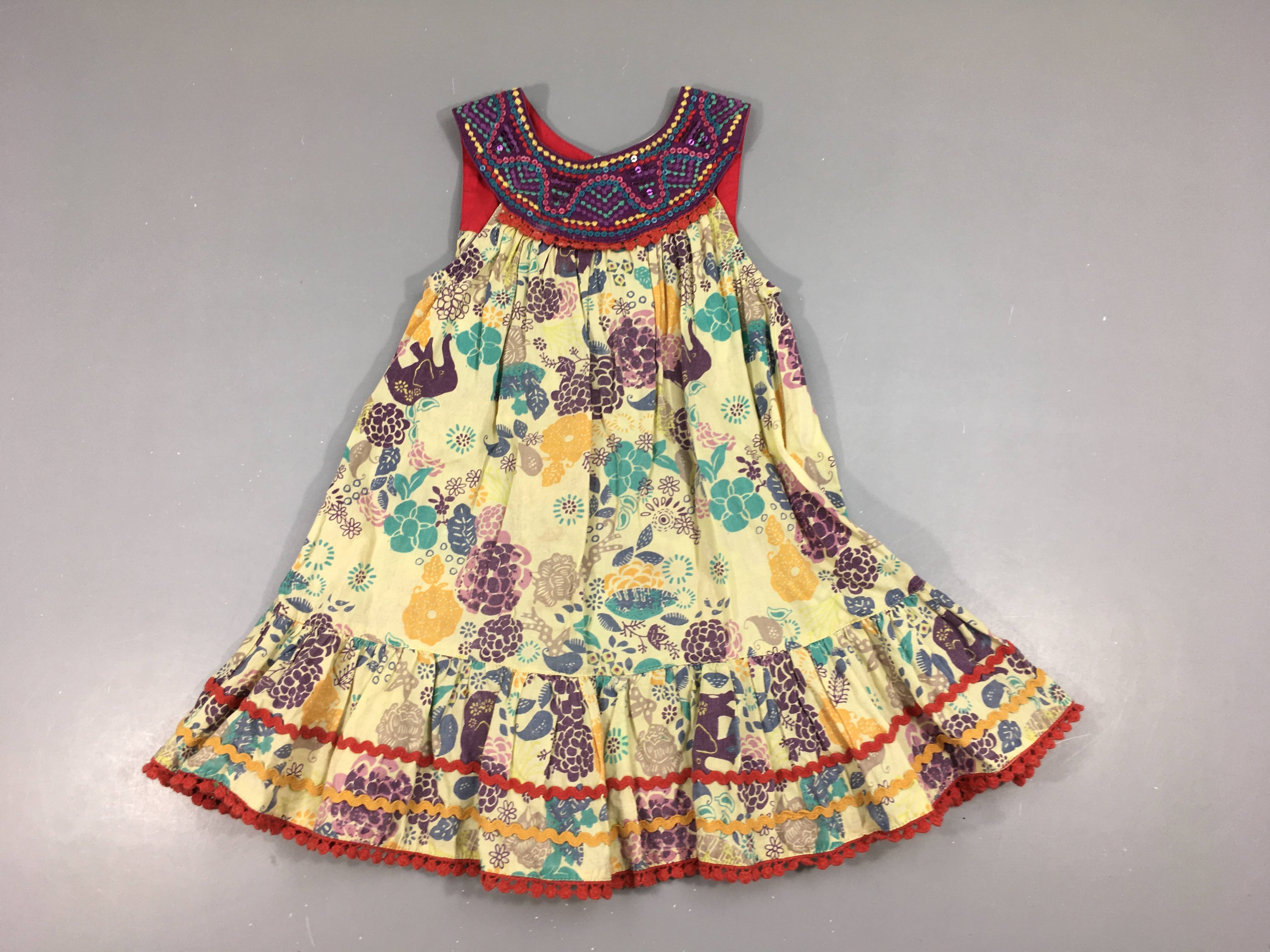 Robe s.m jaune motifs mulitcolores éléphants col brodé sequins