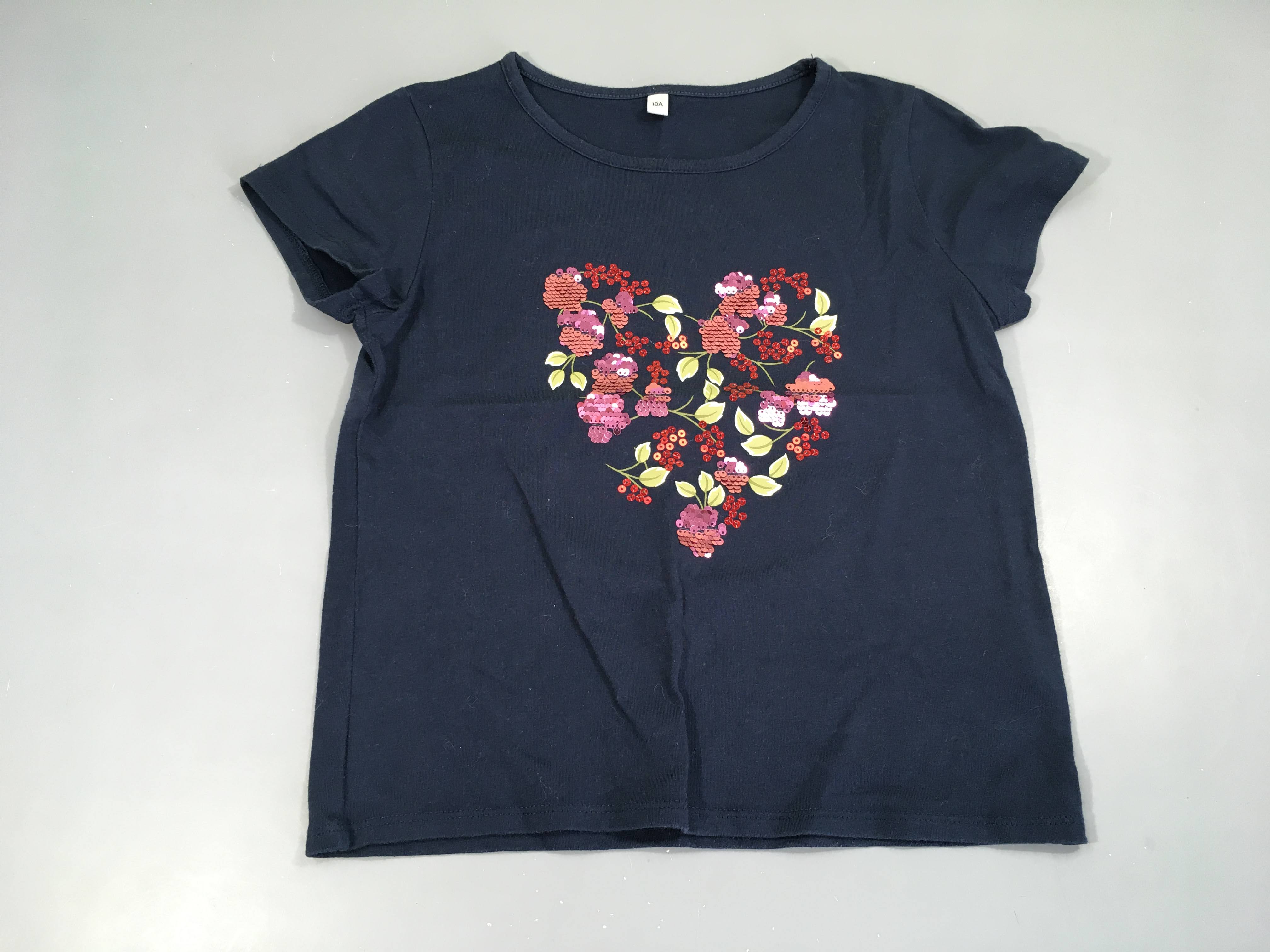 T-shirt m.c bleu foncé Fleurs sequins légèrement bouloché