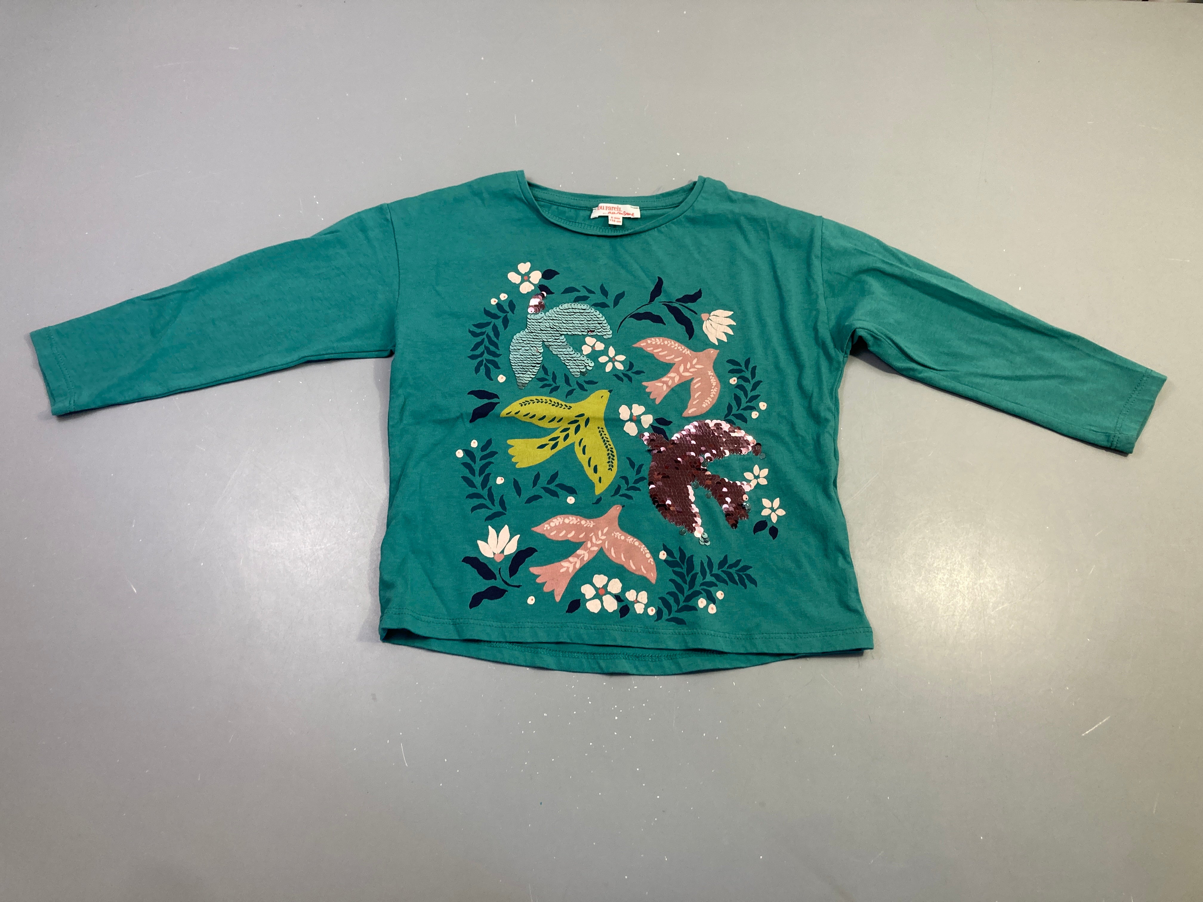 T-shirt m.l vert oiseaux sequins