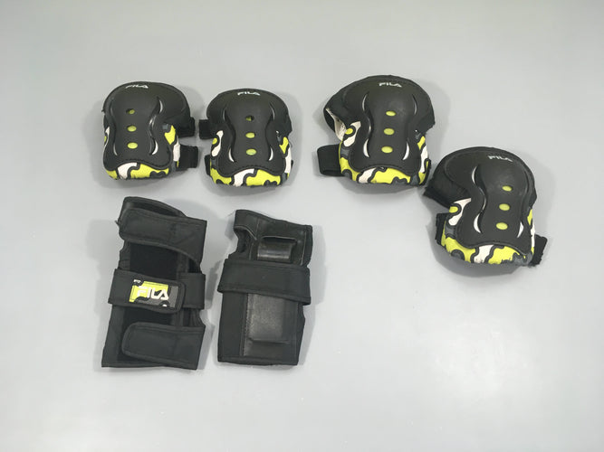 Set de 3 prote.ctions noires/jaune Fila, skate, roller, trottinette, mains, coudes, genoux, moins cher chez Petit Kiwi