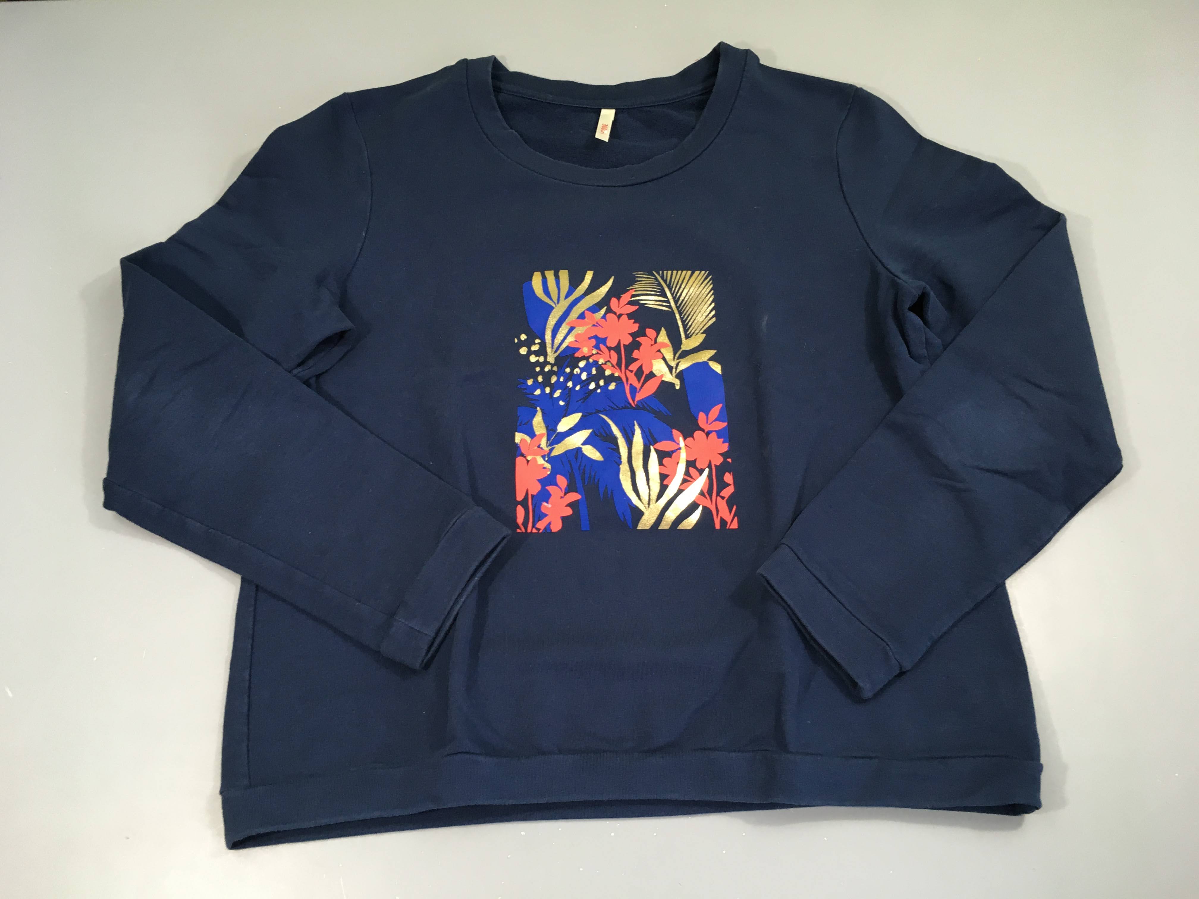 Sweat bleu foncé feuillage doré fleuri corail