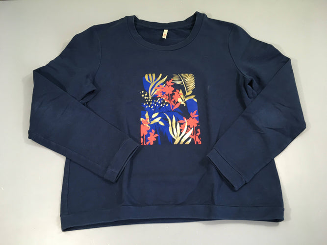 Sweat bleu foncé feuillage doré fleuri corail, moins cher chez Petit Kiwi