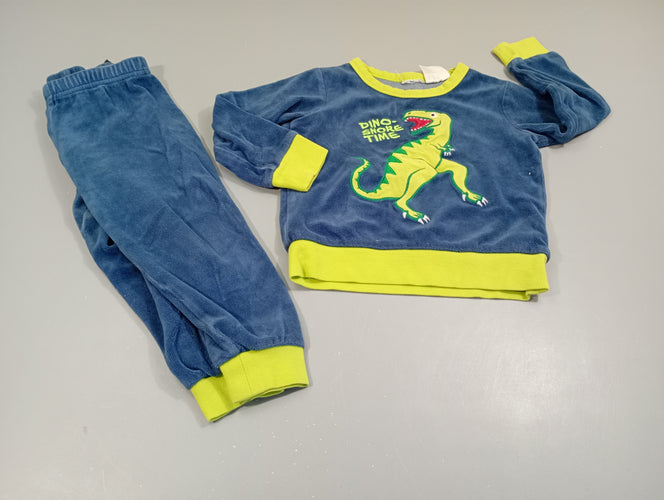 Pyjama 2pcs velours bleu marine, vert dinosaure "dino-snore time", moins cher chez Petit Kiwi