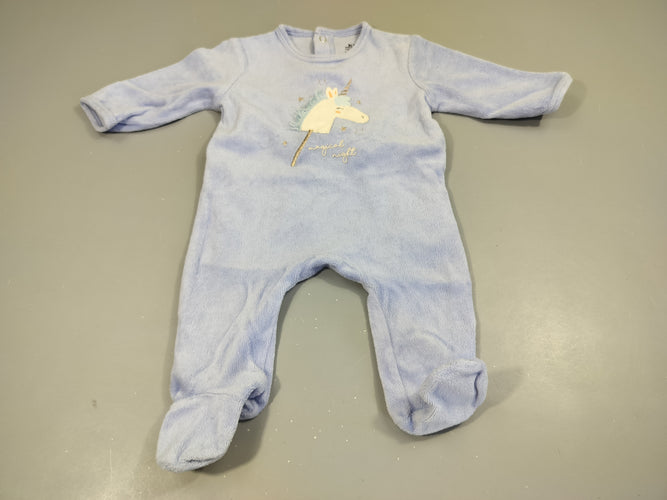 Pyjama velours bleu clair , tête de licorne, moins cher chez Petit Kiwi