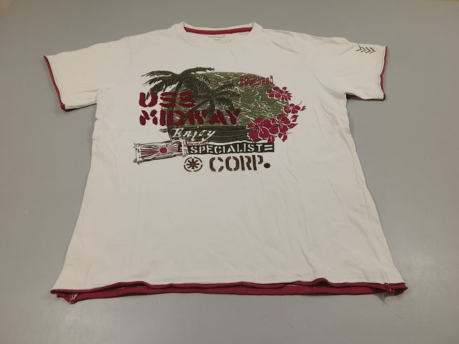T-shirt m.c blanc  motifs gris bordeau palmiers, fleurs  "USS,...", moins cher chez Petit Kiwi