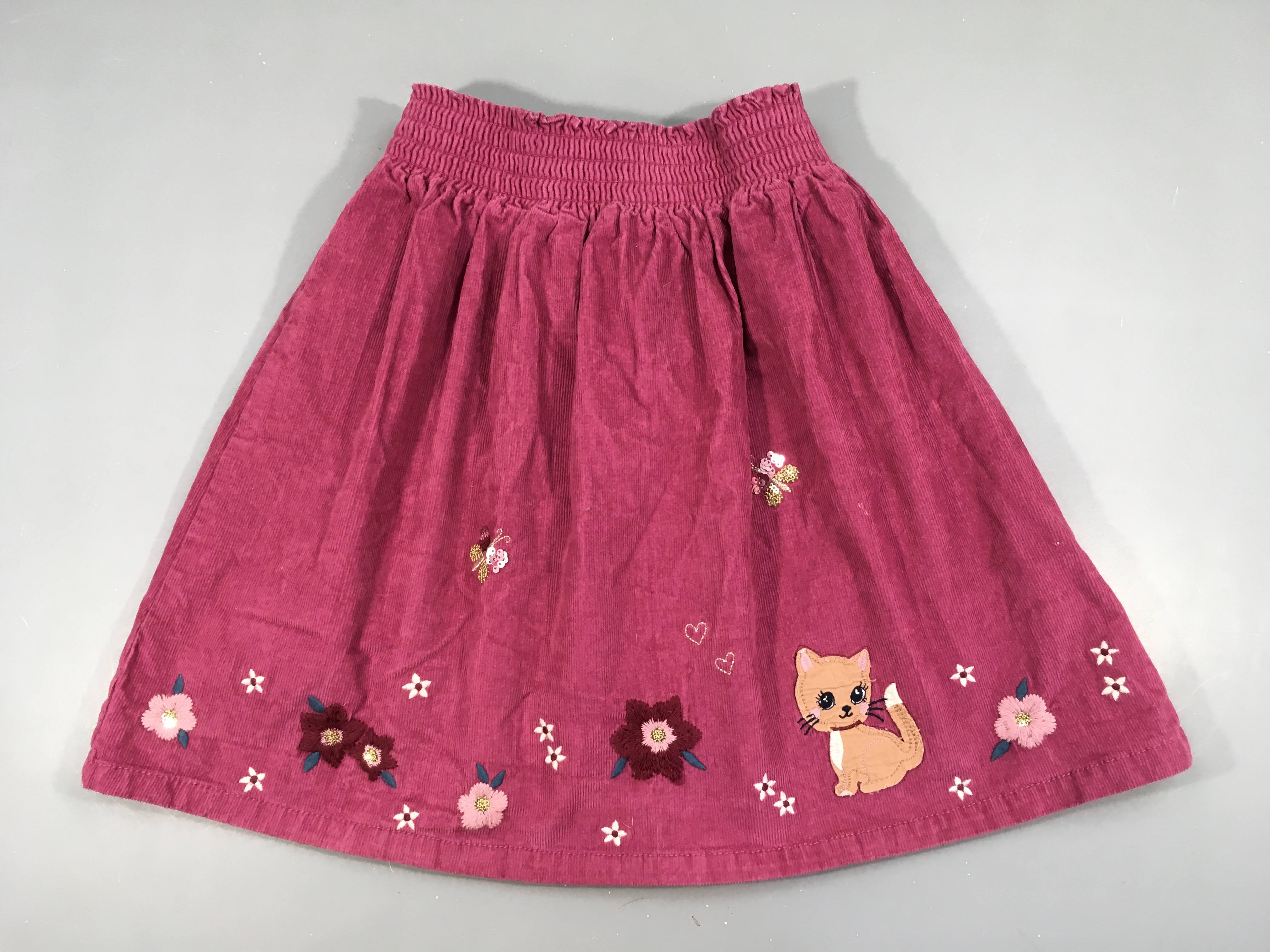 Jupe velours côtelé doublée rose broderies flers chat