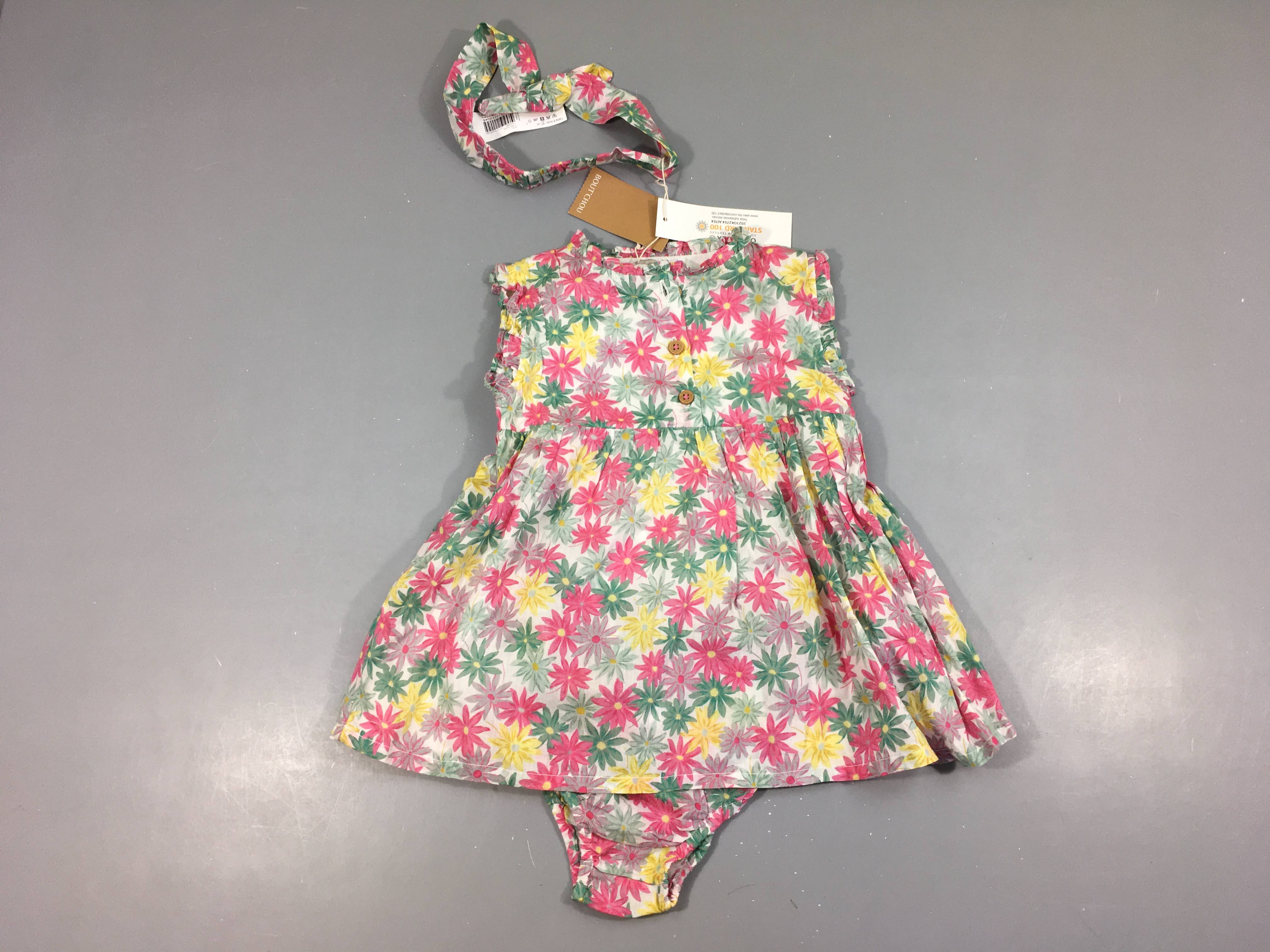 Neuf-Robe s.m blanche fleurie rose-vert + Bandeau + Bloomer