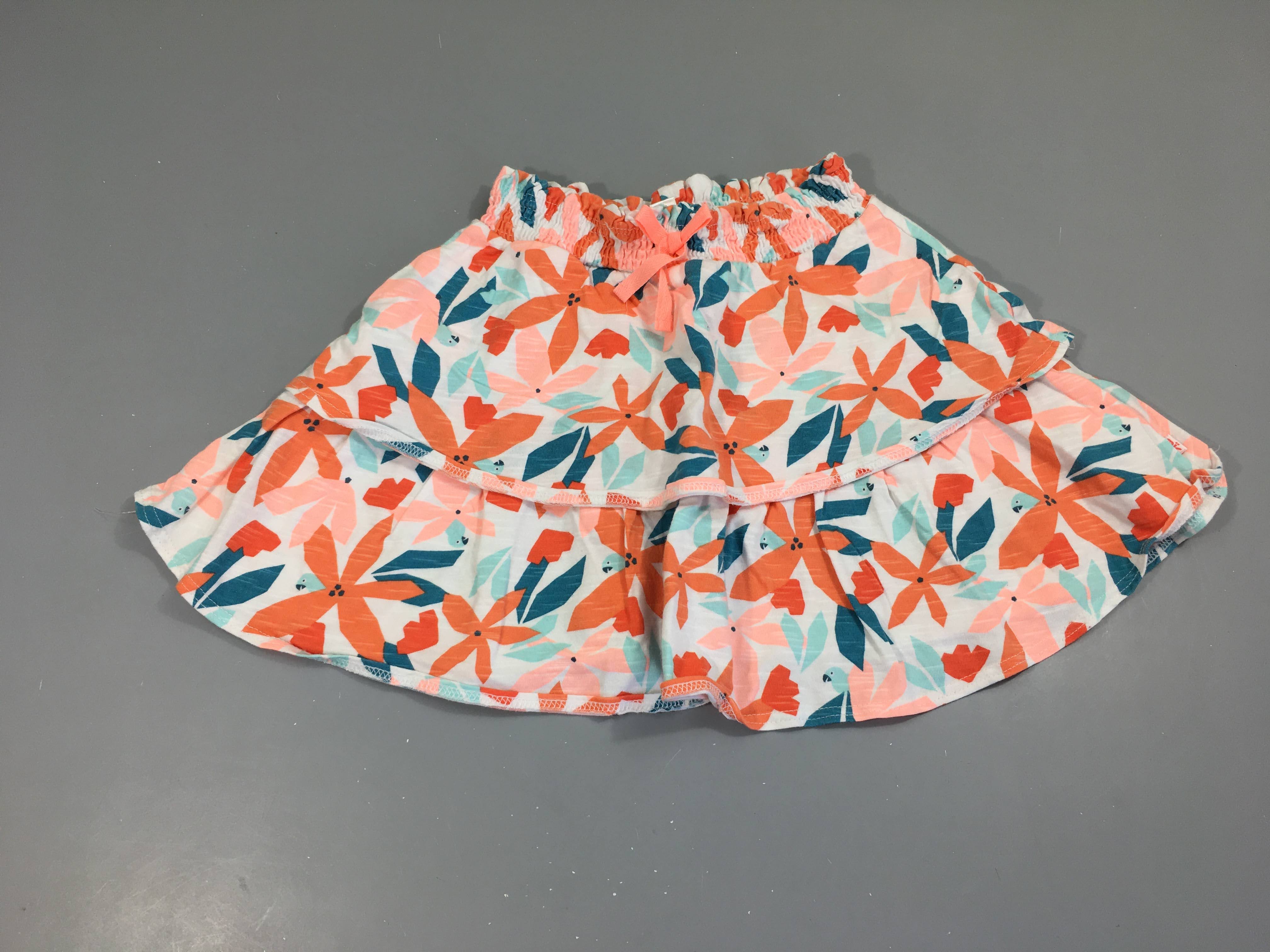 Jupe jersey écru flammé fleurs oranges-bleus