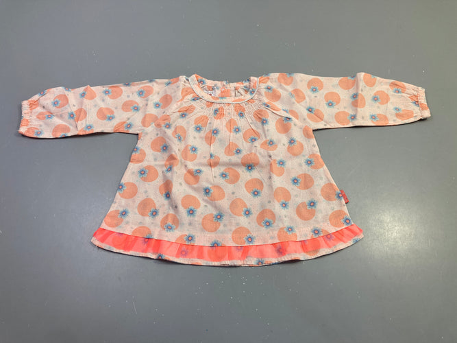 Blouse m.l pêche fleurs bleues volant corail, moins cher chez Petit Kiwi