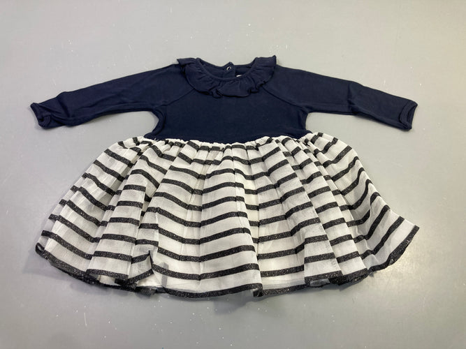 Robe m.l bleu marine jupon tulle rayé, moins cher chez Petit Kiwi