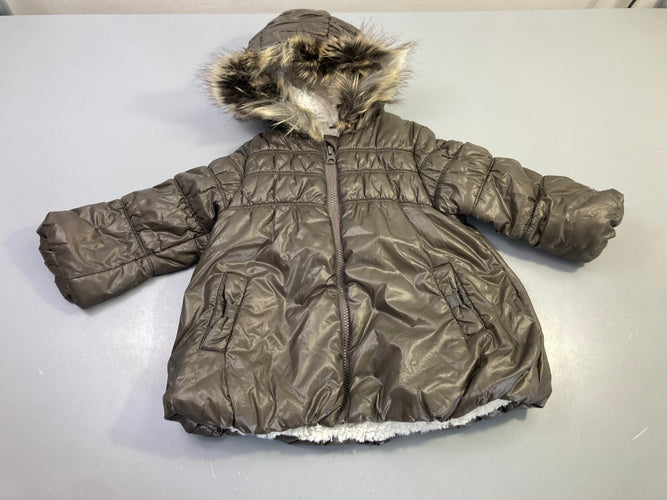 Veste zippée taupe capuche fourrure synthétique, moins cher chez Petit Kiwi