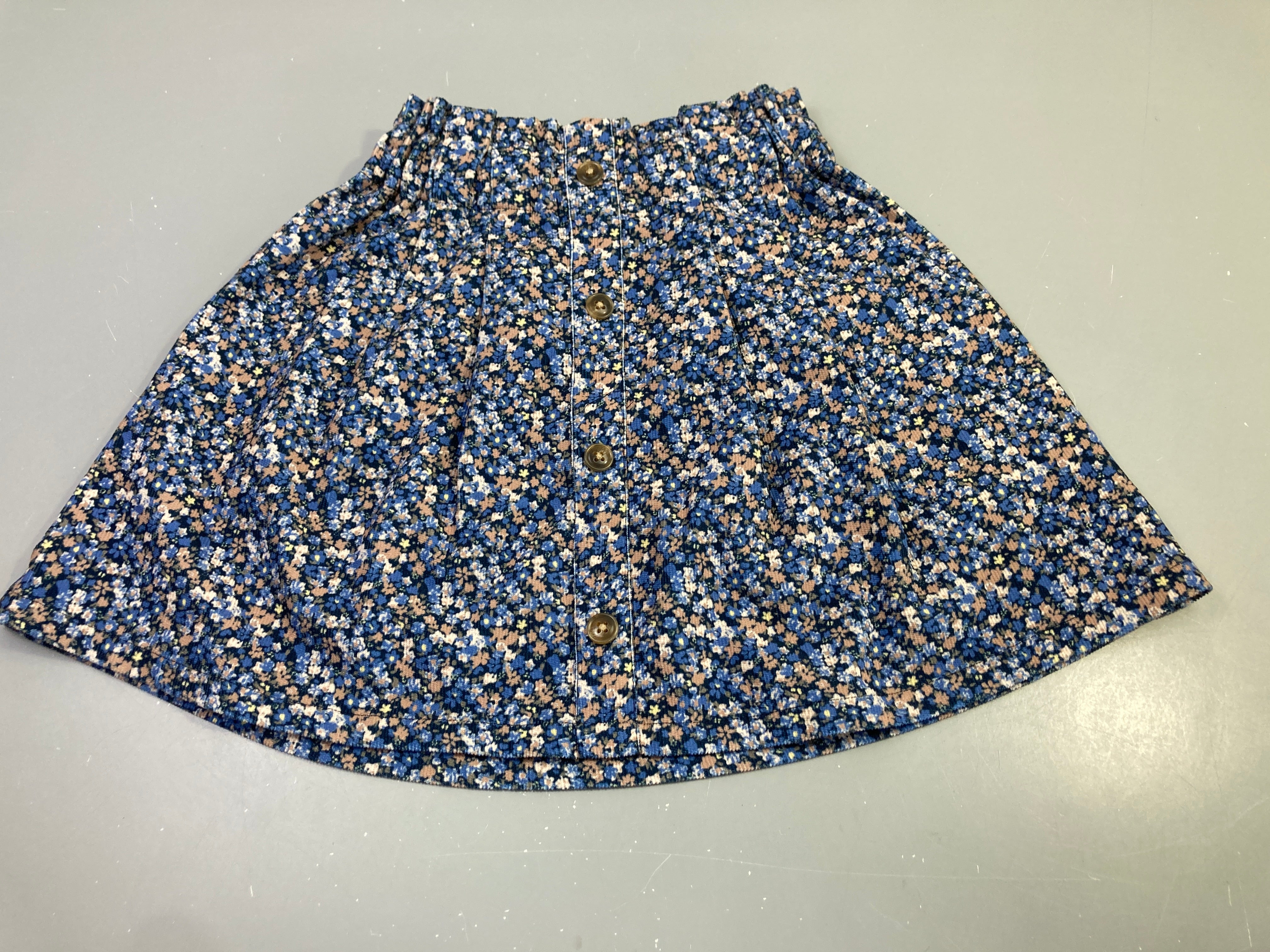 Jupe bleu marine fleurs beige velours côtelé boutonnée