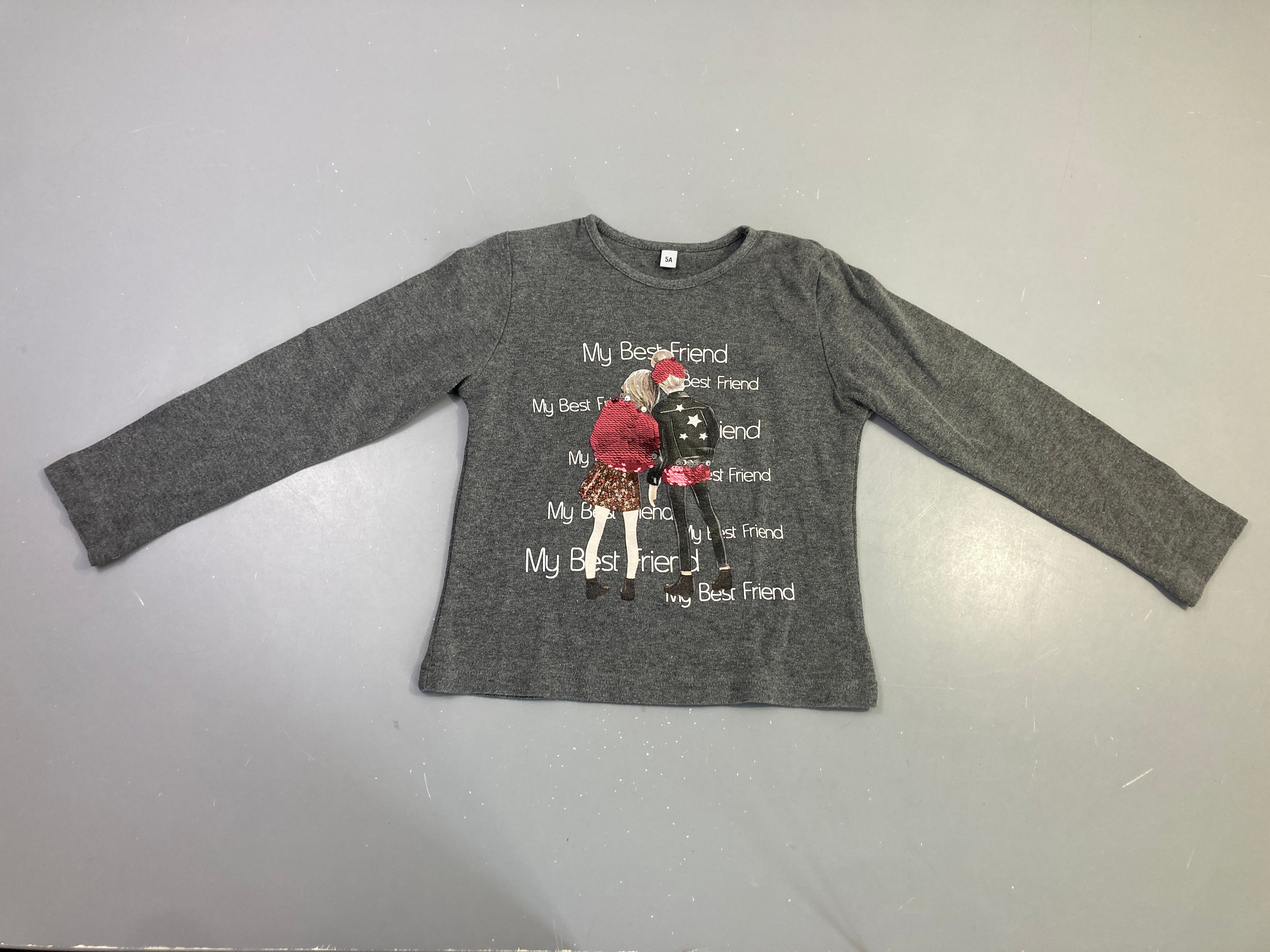 T-shirt m.l gris message My Best Friend sequins, légèrement bouloché