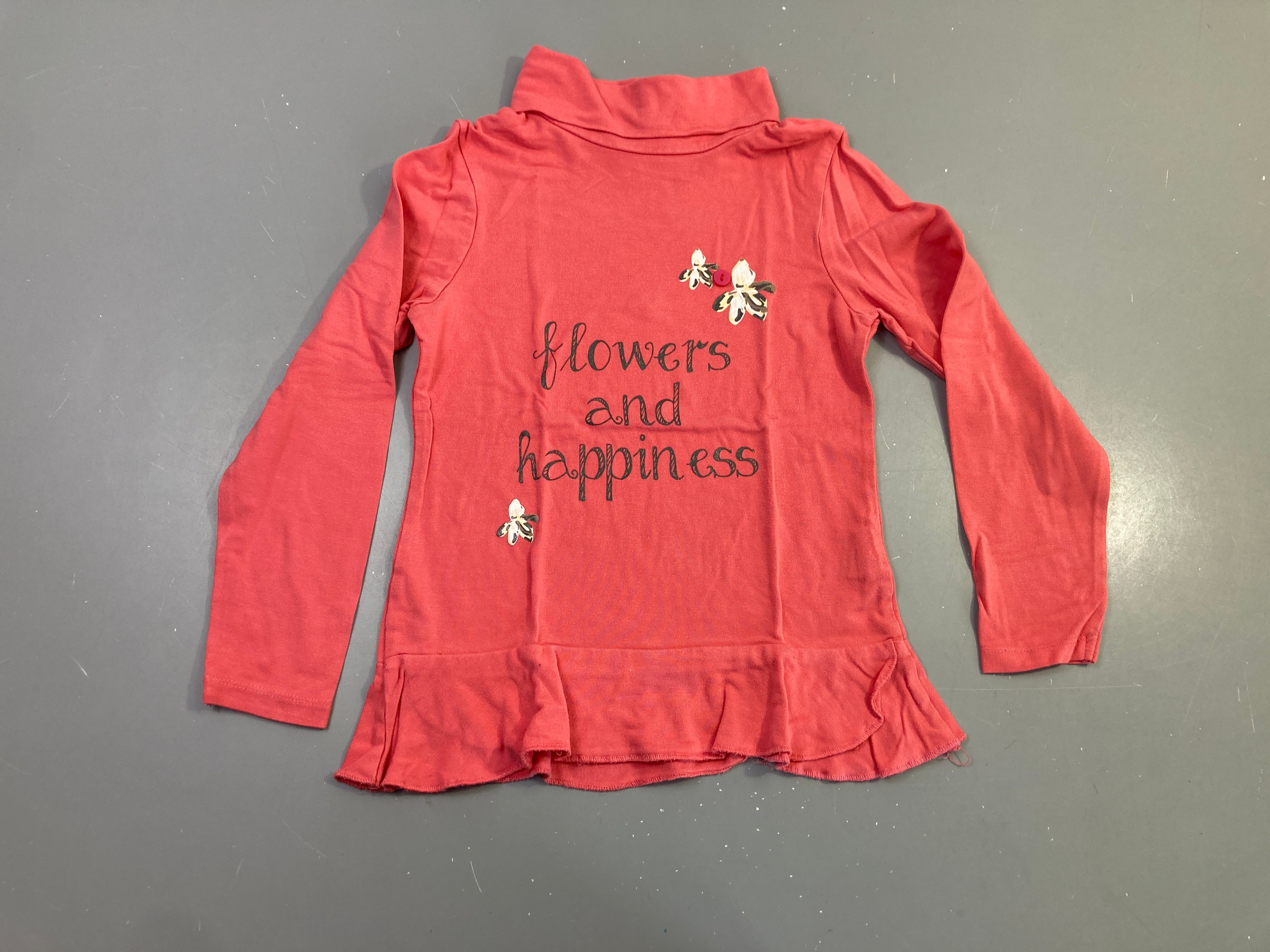 T-shirt m.l corail message flowers and happiness col roulé volant