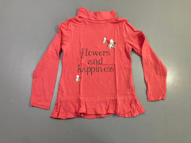 T-shirt m.l corail message flowers and happiness col roulé volant, moins cher chez Petit Kiwi