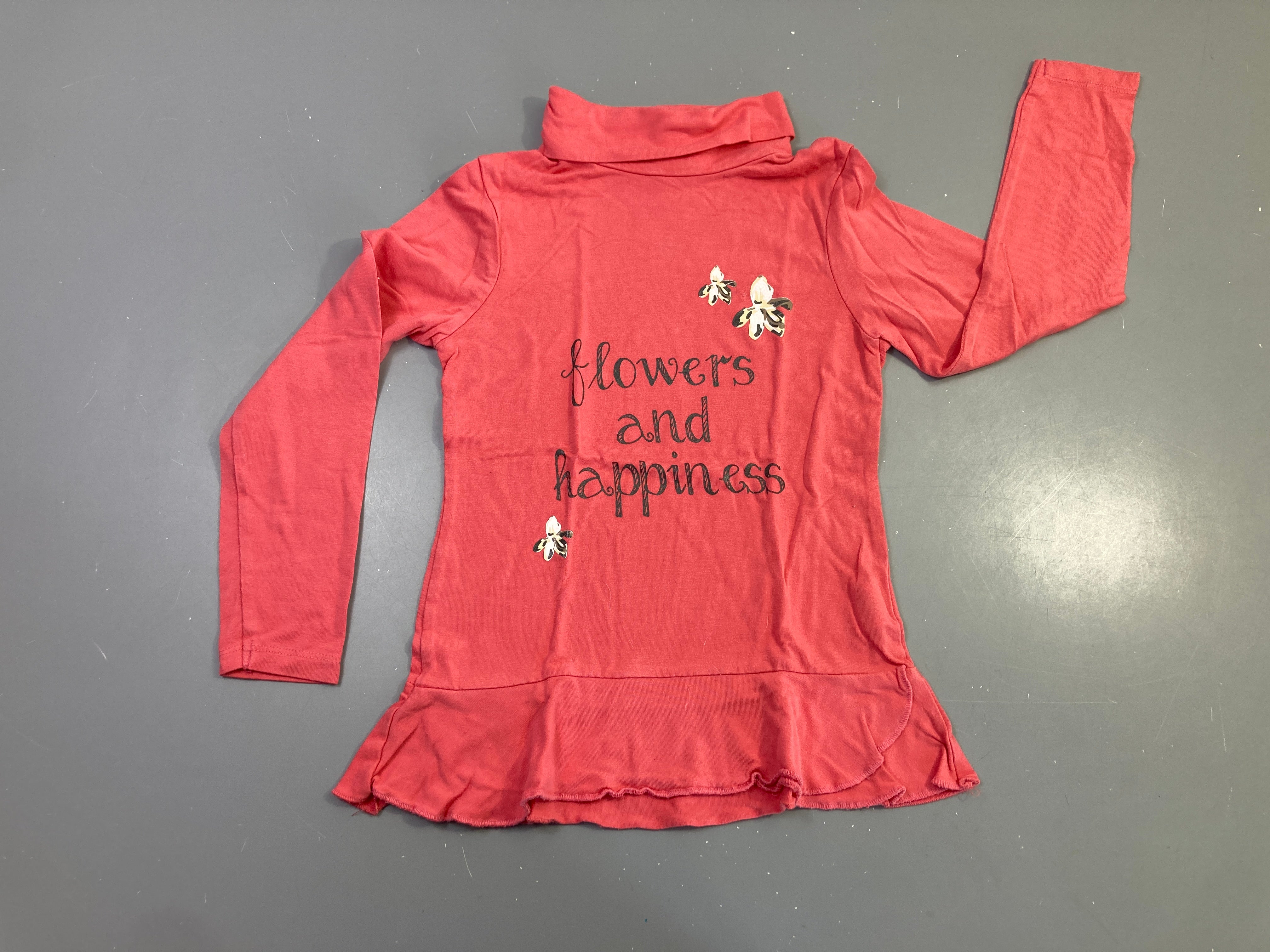 T-shirt m.l corail message flowers and happiness col roulé volant, légèrement bouloché