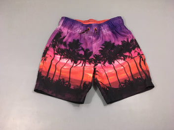 Maillot short palmier noir-mauve corail