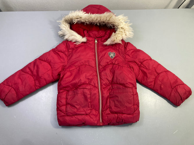 Doudoune zippée rouge capuche fourrure cœur, doublé peluche, moins cher chez Petit Kiwi