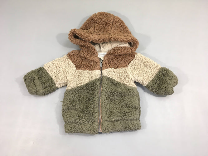 Veste zippée peluche brun/beige/kaki à capuche, moins cher chez Petit Kiwi