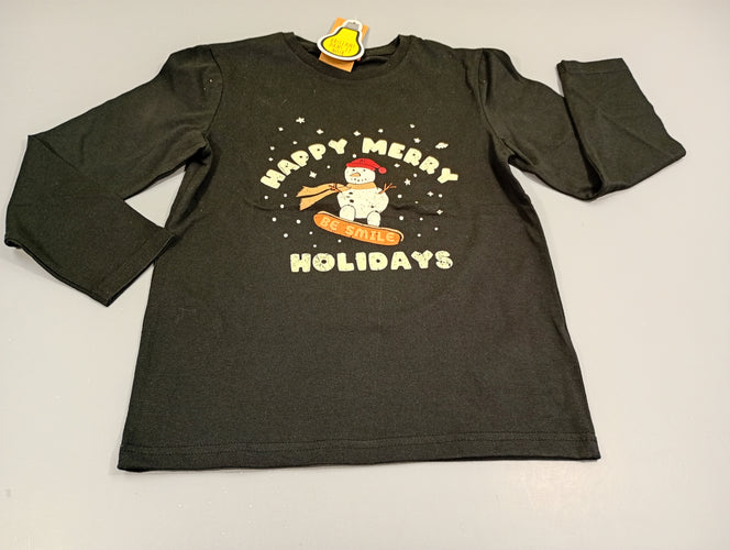 Neuf T-shirt m.l noir ,bonhomme de neige  "happy merrayé holiday" phosphorescent, moins cher chez Petit Kiwi