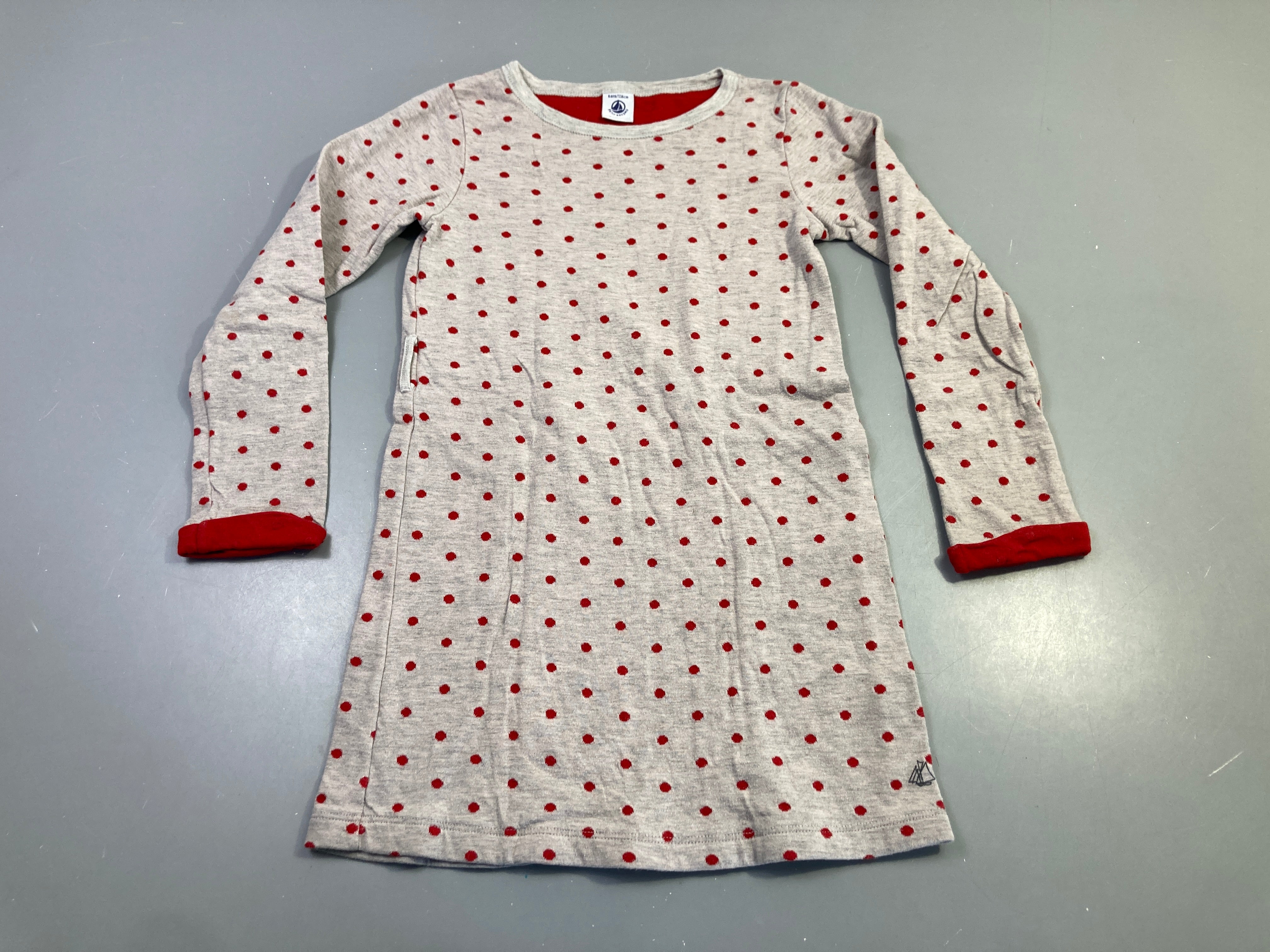 Robe ml jersey grise à pois rouges, boulochée
