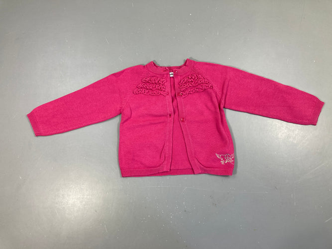 Gilet rose froufrous, légèrement bouloché, moins cher chez Petit Kiwi