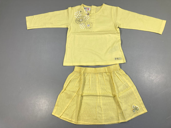 T-shirt m.l jaune fleurs + jupe plumetis, moins cher chez Petit Kiwi